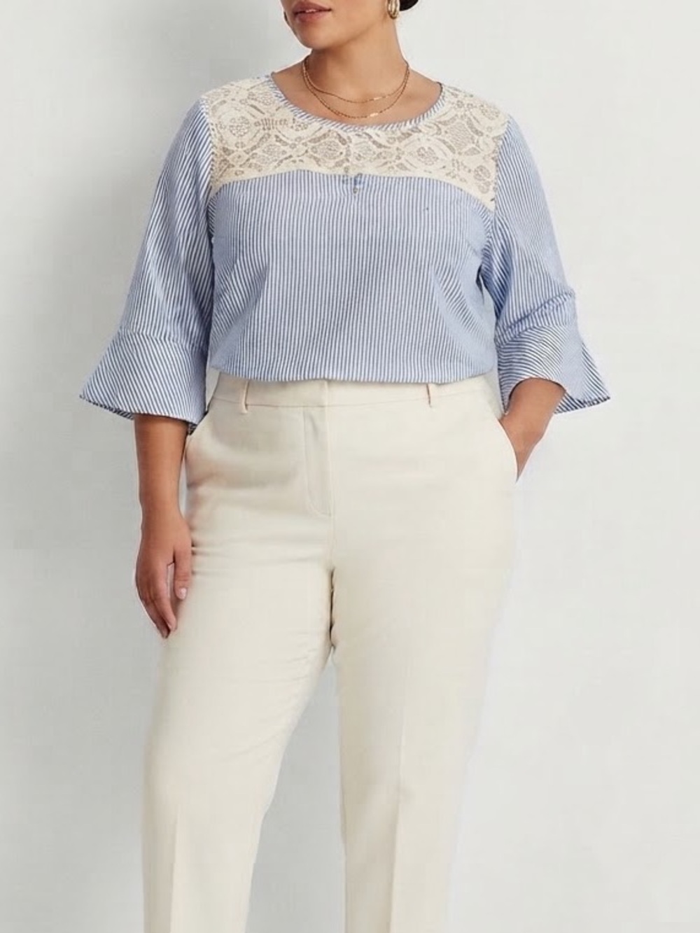 Van Heusen Striped Lace Yoke Tunic in Blue & White Size XL (16) NWT